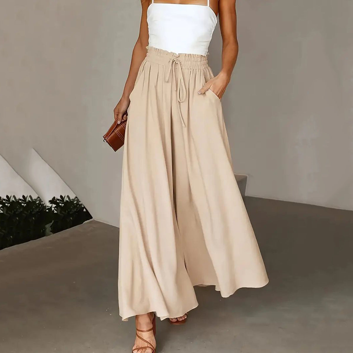 New Casual Elastic High Waist Solid Color Wide Leg Pants Apricot
