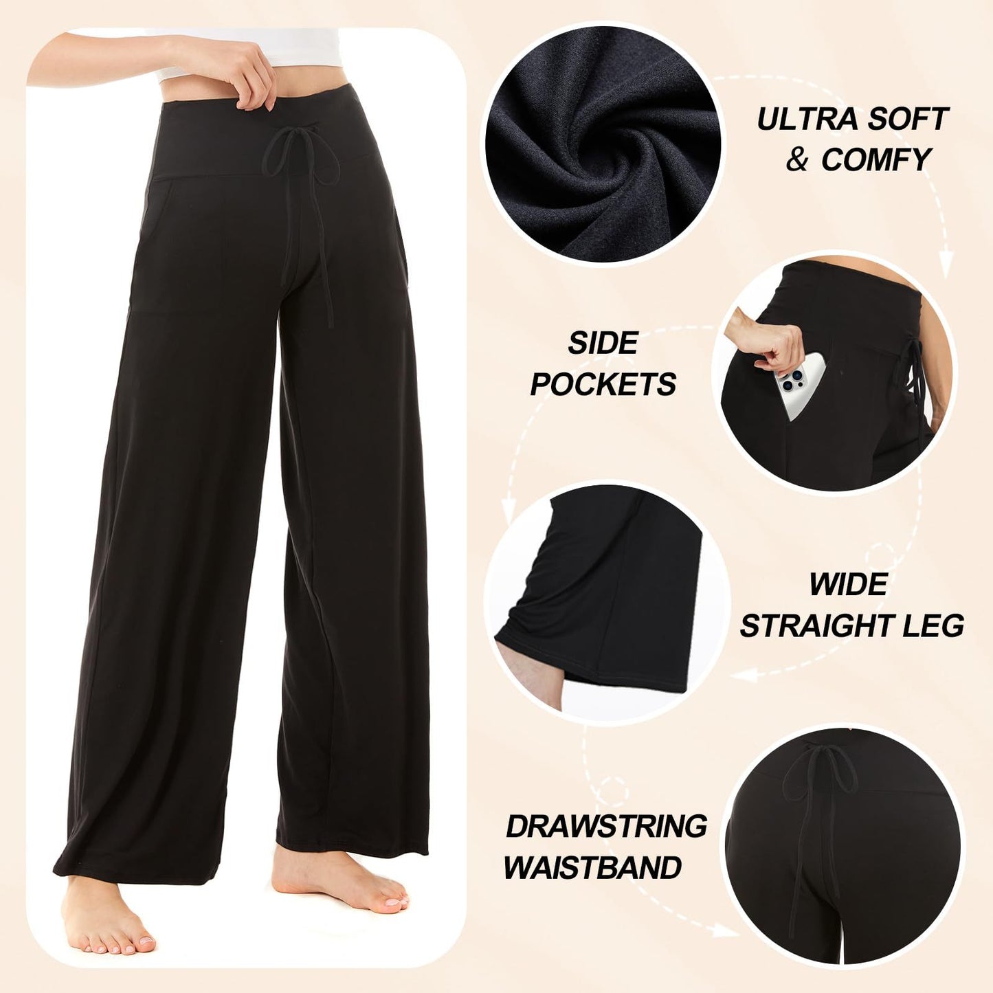 Wide-leg Pants - Cropped Pockets Solid Black