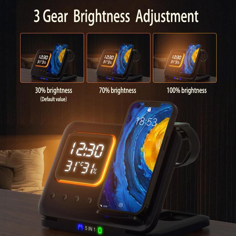 5 In1 LED Digital Alarm Clock Fast Charging Dock Station