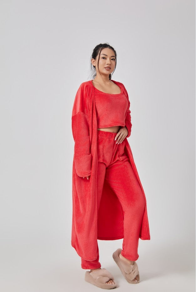 Cozy Pajama Set, 3 Piece Lounge Set, Cute Loungewear, Warm Suit Sets, Matching Set, Lounge Set, 3 Piece Pant Sets, Women Winter Dress Red