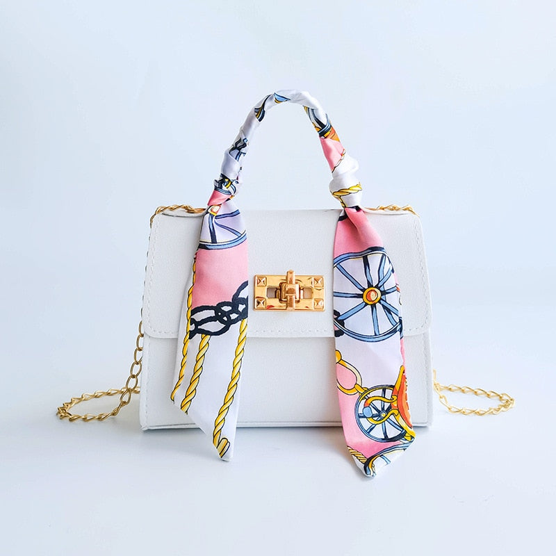 Women Bag New Silk Scarf Lock Chain Square Small Casual Mobile Phone Bag Purses Handbags Luxury Designer Crossbody Side Purse White