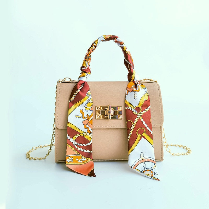 Women Bag New Silk Scarf Lock Chain Square Small Casual Mobile Phone Bag Purses Handbags Luxury Designer Crossbody Side Purse Khaki