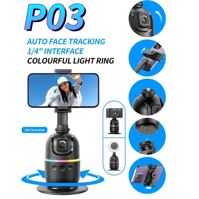 P03 AI Smart Gimbal 360° Auto Face Tracking Gimbal All-in-one Rotation For Smartphone video Vlog Stabilizer Phone Holder Black