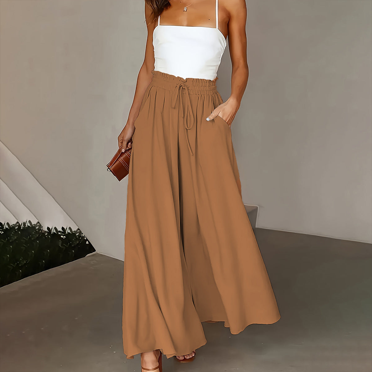 New Casual Elastic High Waist Solid Color Wide Leg Pants Khaki