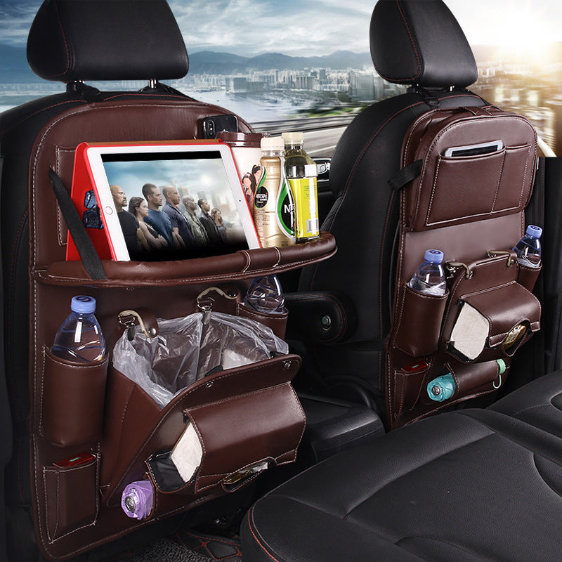 PU Leather Car Storage Bag Multifunction Seat Back Tray Hanging Bag Waterproof Car Organizer Automotive Interior Accessories Coffee