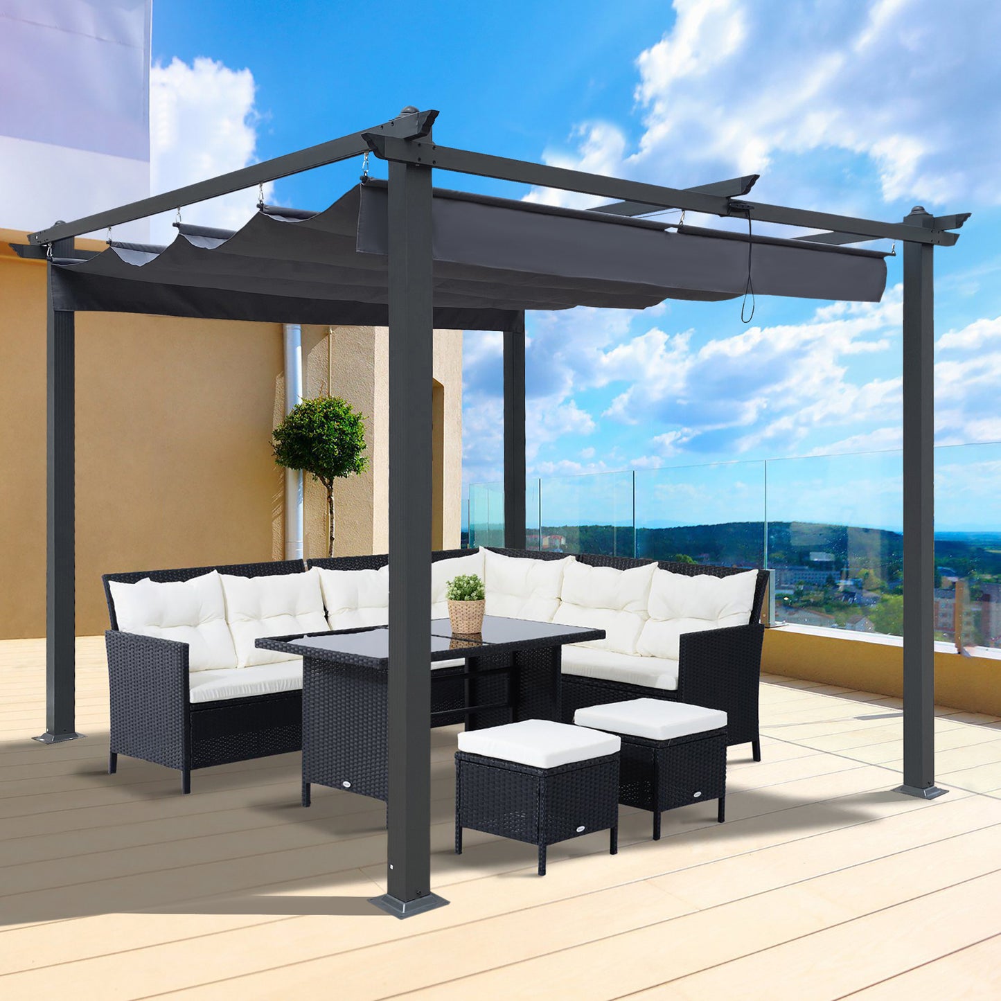 10x10 Ft Outdoor Patio Retractable Pergola With Canopy Sunshelter Pergola for Gardens,Terraces,Backyard,Gray Gray + Aluminium