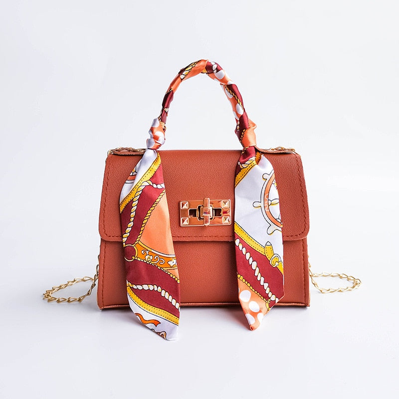 Women Bag New Silk Scarf Lock Chain Square Small Casual Mobile Phone Bag Purses Handbags Luxury Designer Crossbody Side Purse Brown