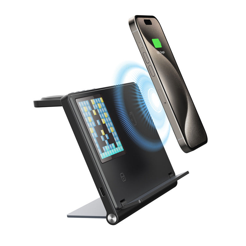 Trending Products Portable 5-in-1 Pixel Animation Foldable Wireless Charger Stand Pad for Mobile Phone Smart Watch Earphone Magnetic Clock Wireless Charger Black