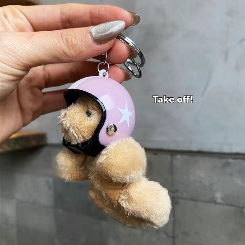 South Korea Ins Cute Motorcycle Helmet Bear Pendant Plush Key Chain Pink Helmet 8cm