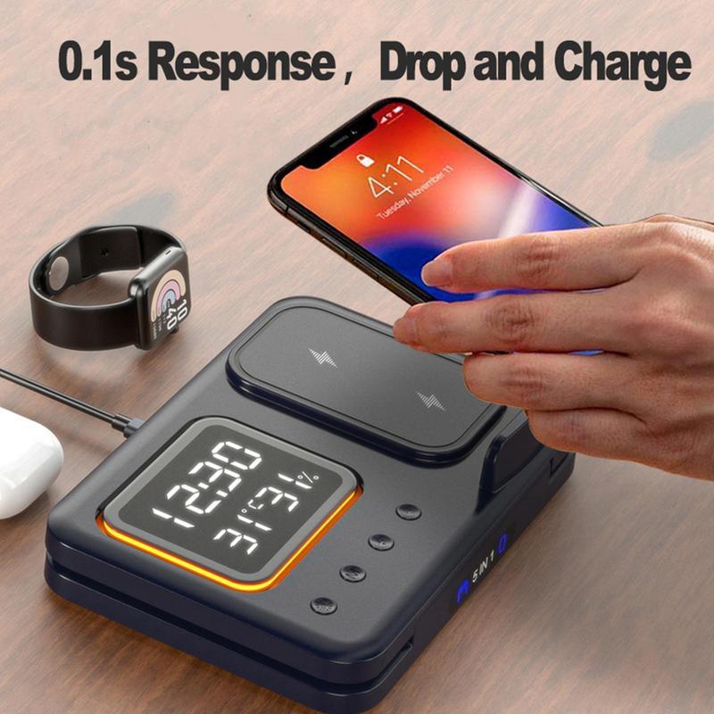 5 In1 LED Digital Alarm Clock Fast Charging Dock Station