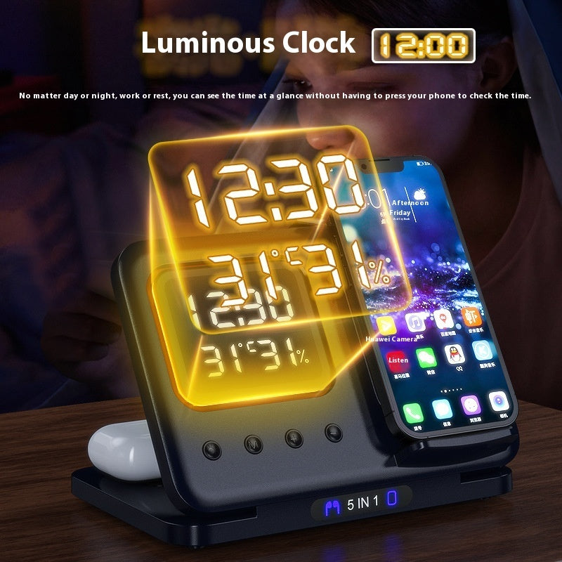 5 In1 LED Digital Alarm Clock Fast Charging Dock Station
