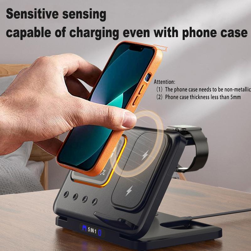 5 In1 LED Digital Alarm Clock Fast Charging Dock Station