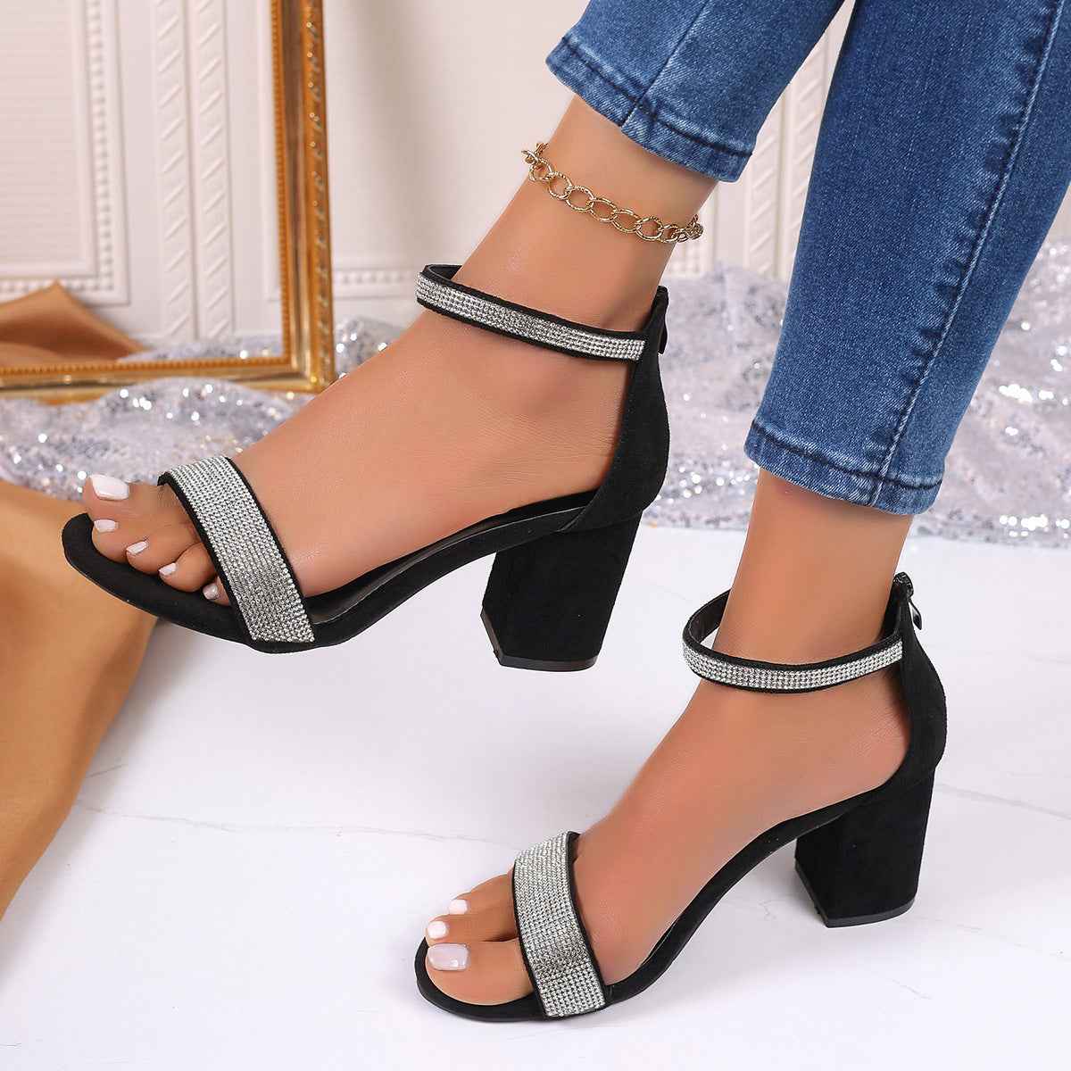 Rhinestone High Heel Sandals Black