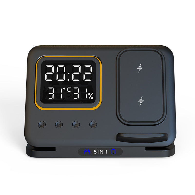 5 In1 LED Digital Alarm Clock Fast Charging Dock Station Black
