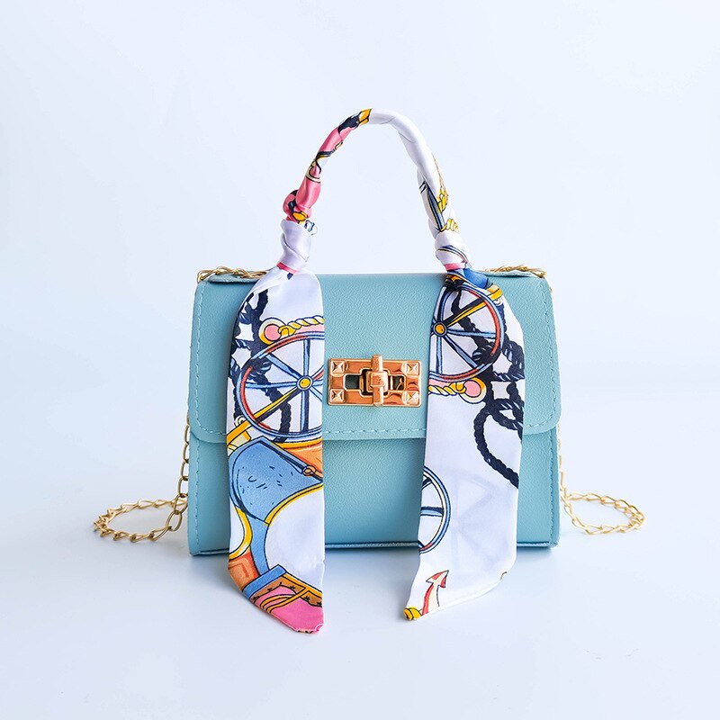 Women Bag New Silk Scarf Lock Chain Square Small Casual Mobile Phone Bag Purses Handbags Luxury Designer Crossbody Side Purse Blue