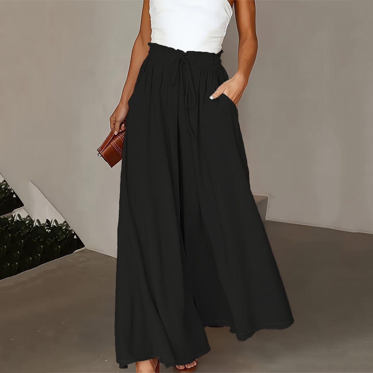 New Casual Elastic High Waist Solid Color Wide Leg Pants Black