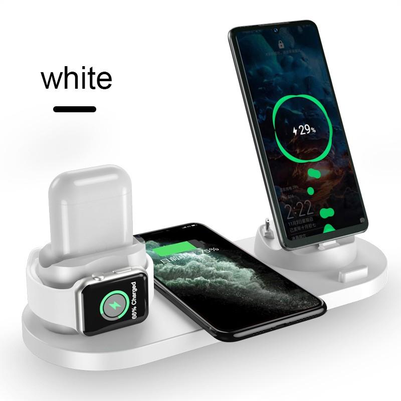 6 in 1 Wireless Charger Dock Station for iPhone/Android/Type-C USB Phones 10W Qi Fast Charging For Apple Watch AirPods Pro White 6 In 1
