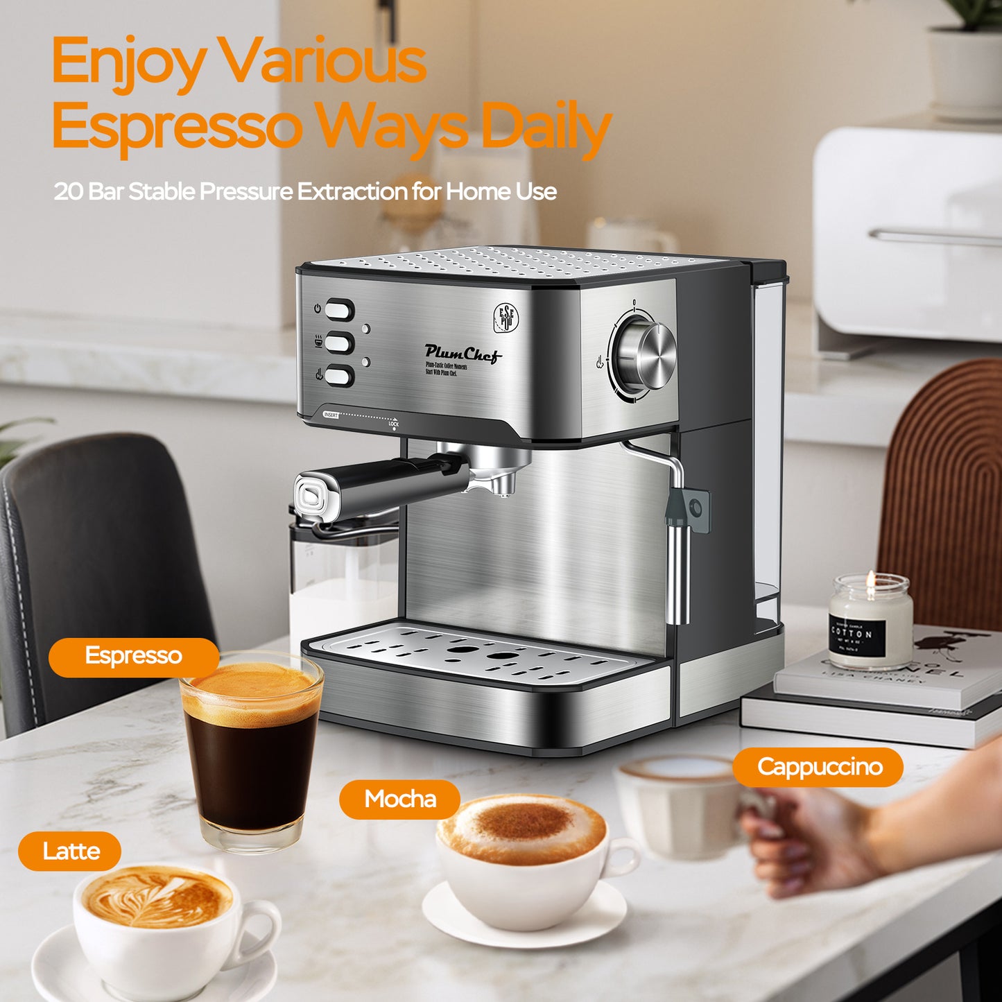 Professional Espresso Machine With Milk Frother, Single & Double Shot,