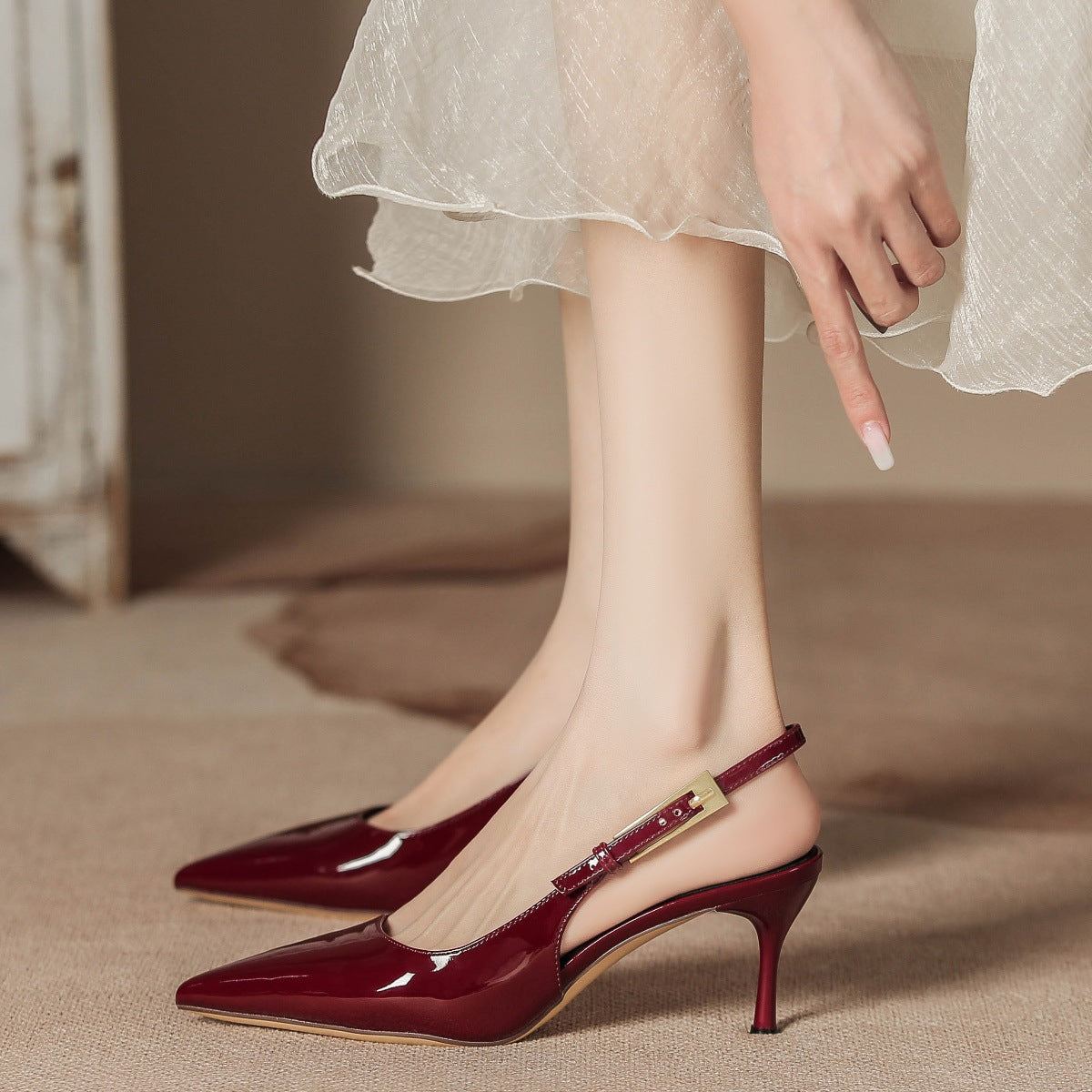 Women's High Heel Pointed Toe Stiletto Ankle Strap Pumps, Sexy Ladylike Red Patent Leather Open-Toe Shoes Red