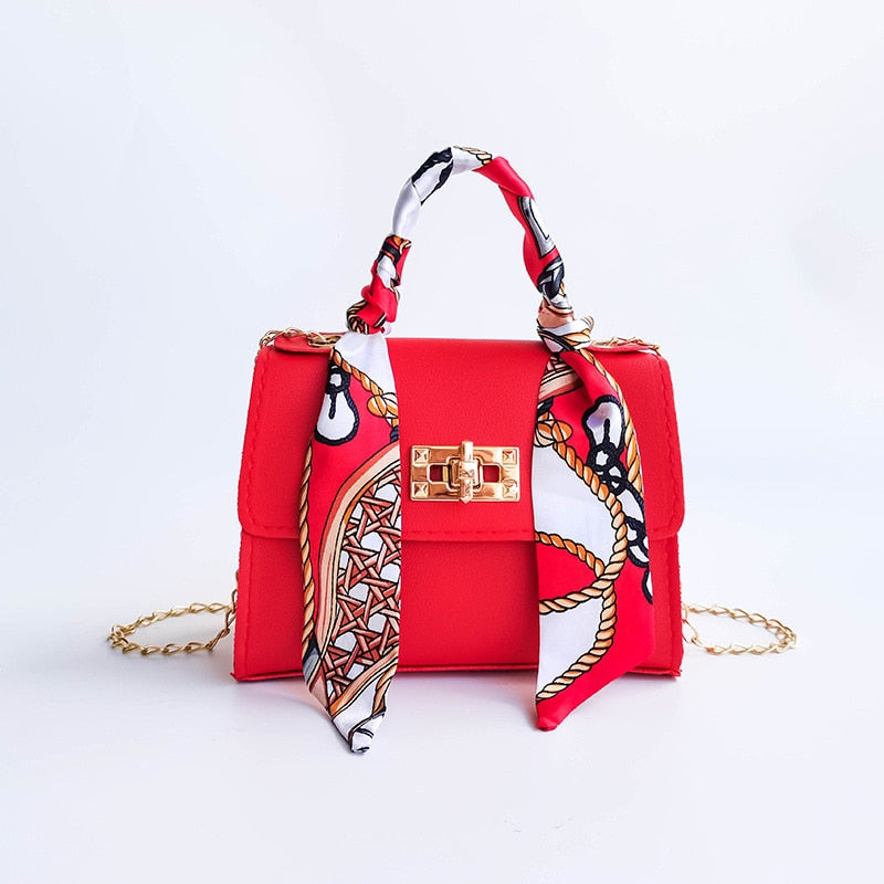 Women Bag New Silk Scarf Lock Chain Square Small Casual Mobile Phone Bag Purses Handbags Luxury Designer Crossbody Side Purse Red