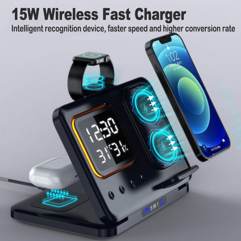 5 In1 LED Digital Alarm Clock Fast Charging Dock Station