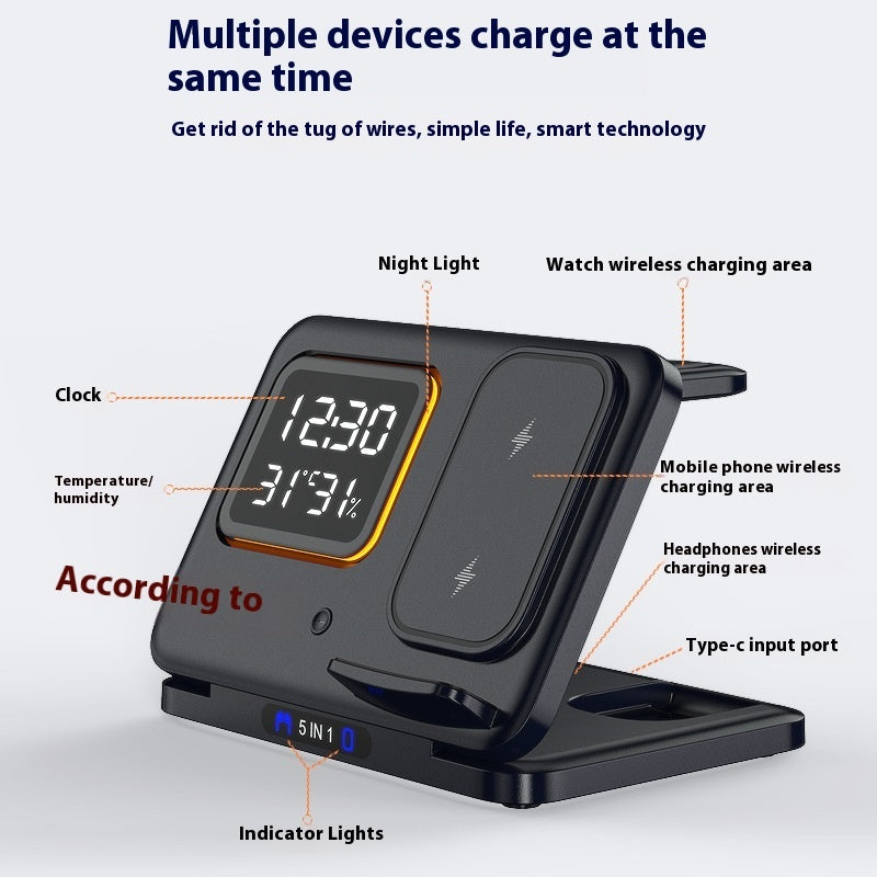 5 In1 LED Digital Alarm Clock Fast Charging Dock Station
