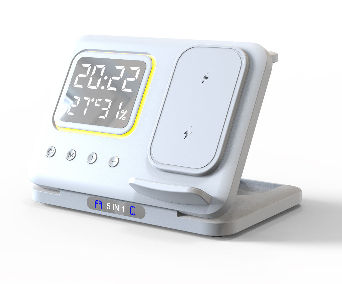 5 In1 LED Digital Alarm Clock Fast Charging Dock Station White