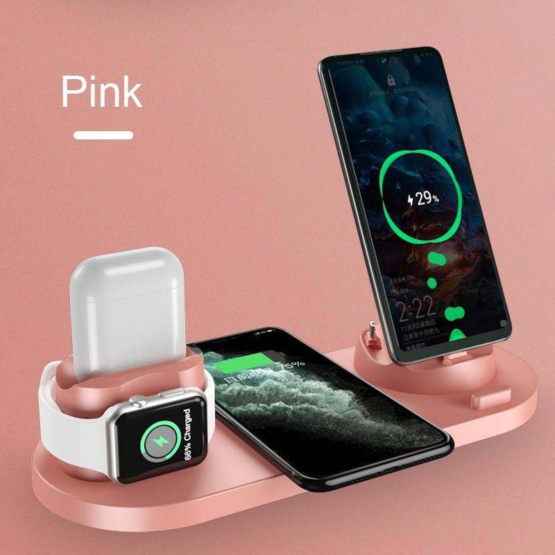 6 in 1 Wireless Charger Dock Station for iPhone/Android/Type-C USB Phones 10W Qi Fast Charging For Apple Watch AirPods Pro Pink 6 In 1