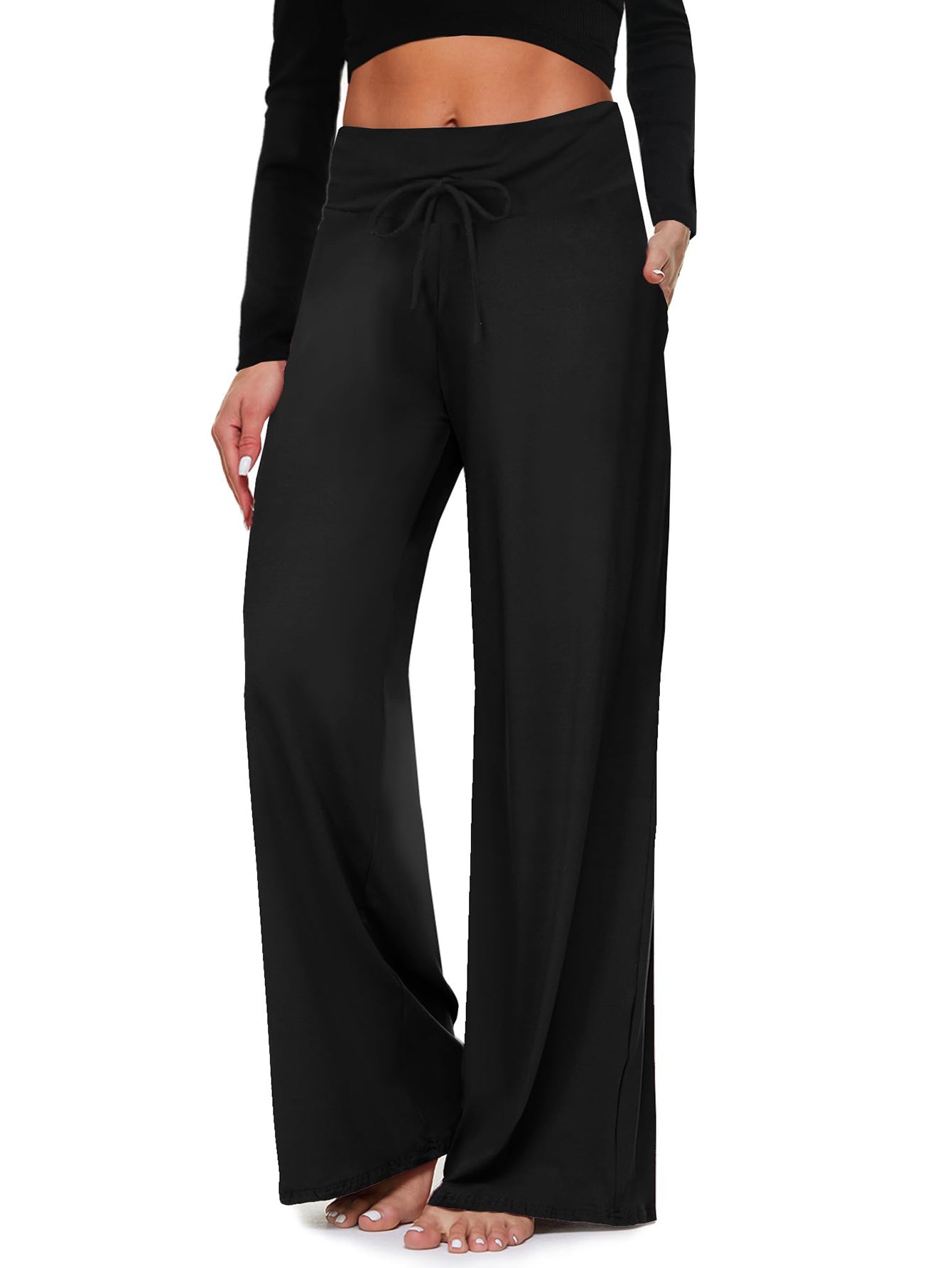 Wide-leg Pants - Cropped Pockets Solid Black