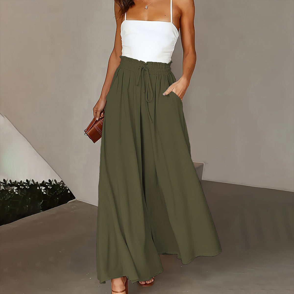 New Casual Elastic High Waist Solid Color Wide Leg Pants Army Green