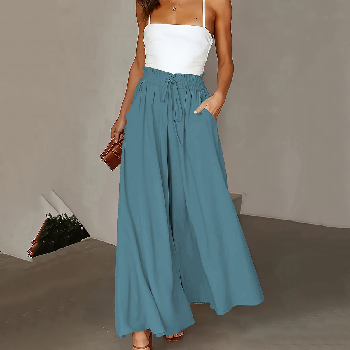 New Casual Elastic High Waist Solid Color Wide Leg Pants Sky Blue