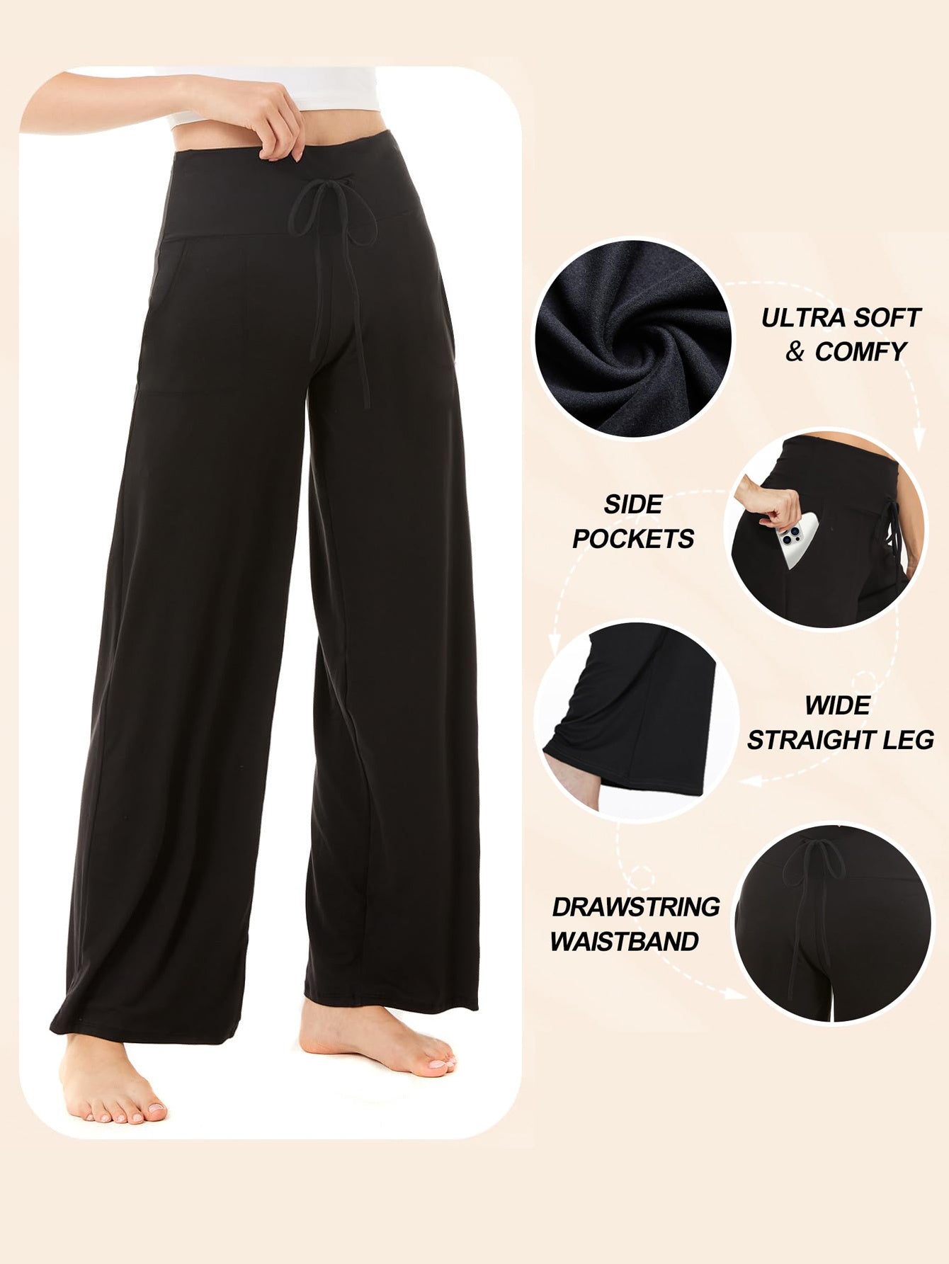 Wide-leg Pants - Cropped Pockets Solid Black