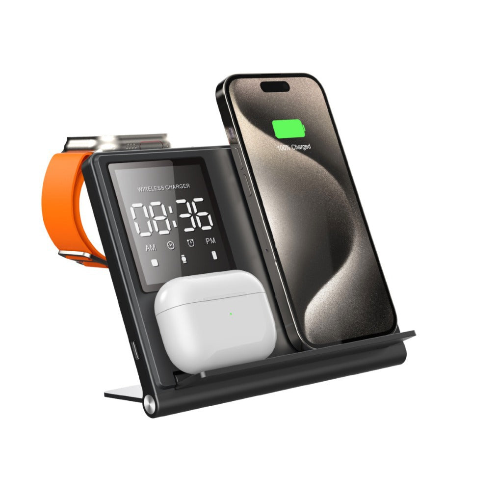 Trending Products Portable 5-in-1 Pixel Animation Foldable Wireless Charger Stand Pad for Mobile Phone Smart Watch Earphone Clock Wireless Charger Black