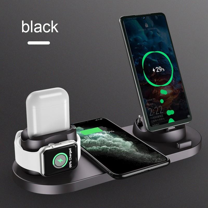 6 in 1 Wireless Charger Dock Station for iPhone/Android/Type-C USB Phones 10W Qi Fast Charging For Apple Watch AirPods Pro Black 6 In 1