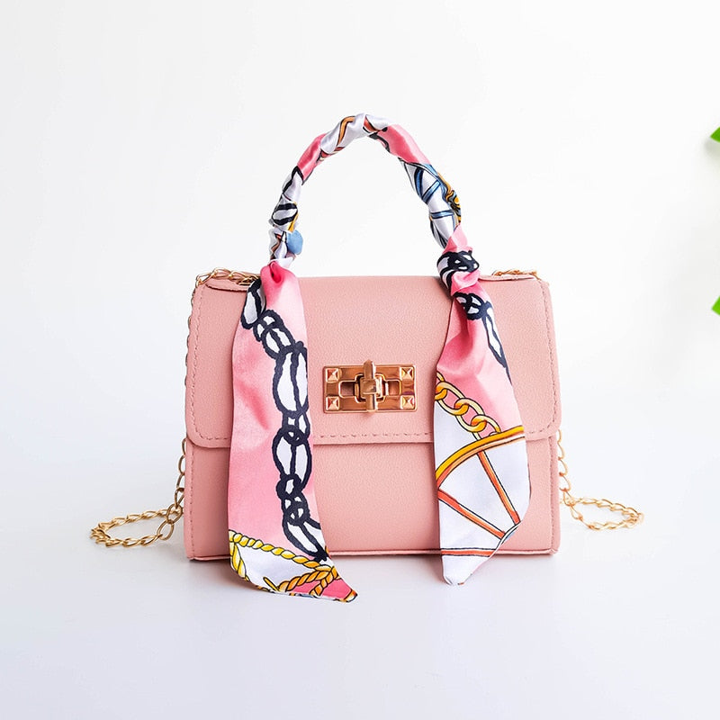 Women Bag New Silk Scarf Lock Chain Square Small Casual Mobile Phone Bag Purses Handbags Luxury Designer Crossbody Side Purse Pink