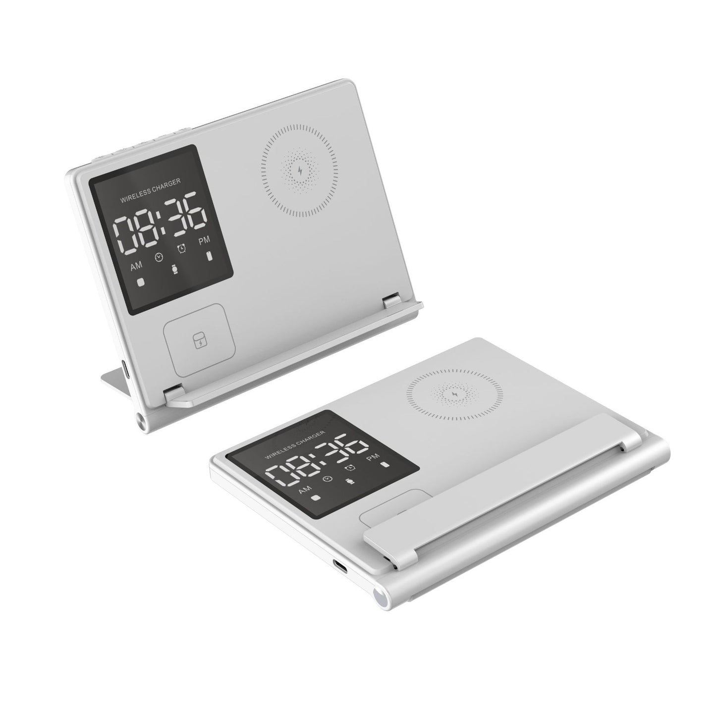 Trending Products Portable 5-in-1 Pixel Animation Foldable Wireless Charger Stand Pad for Mobile Phone Smart Watch Earphone Magnetic Clock Wireless Charging White