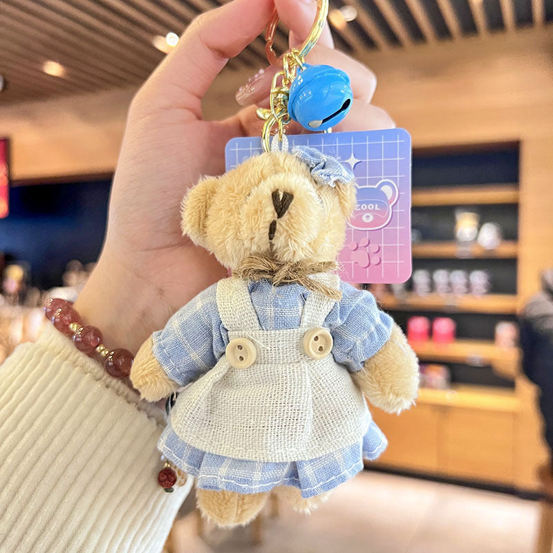 Cartoon Key Button Plush Sackcloth Bear Doll Schoolbag Pendant Blue Striped Bear For Women