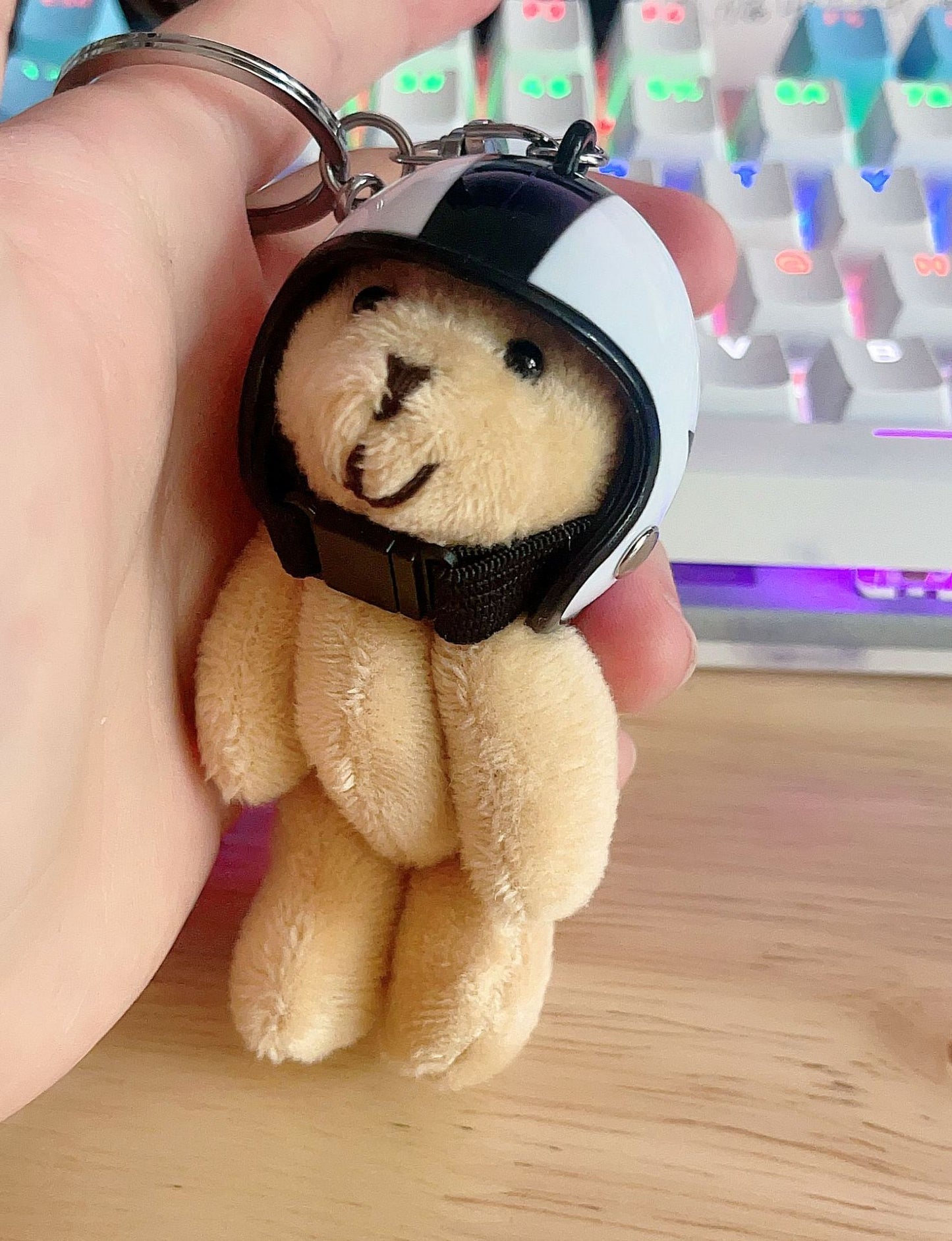 South Korea Ins Cute Motorcycle Helmet Bear Pendant Plush Key Chain White XINGX 8cm