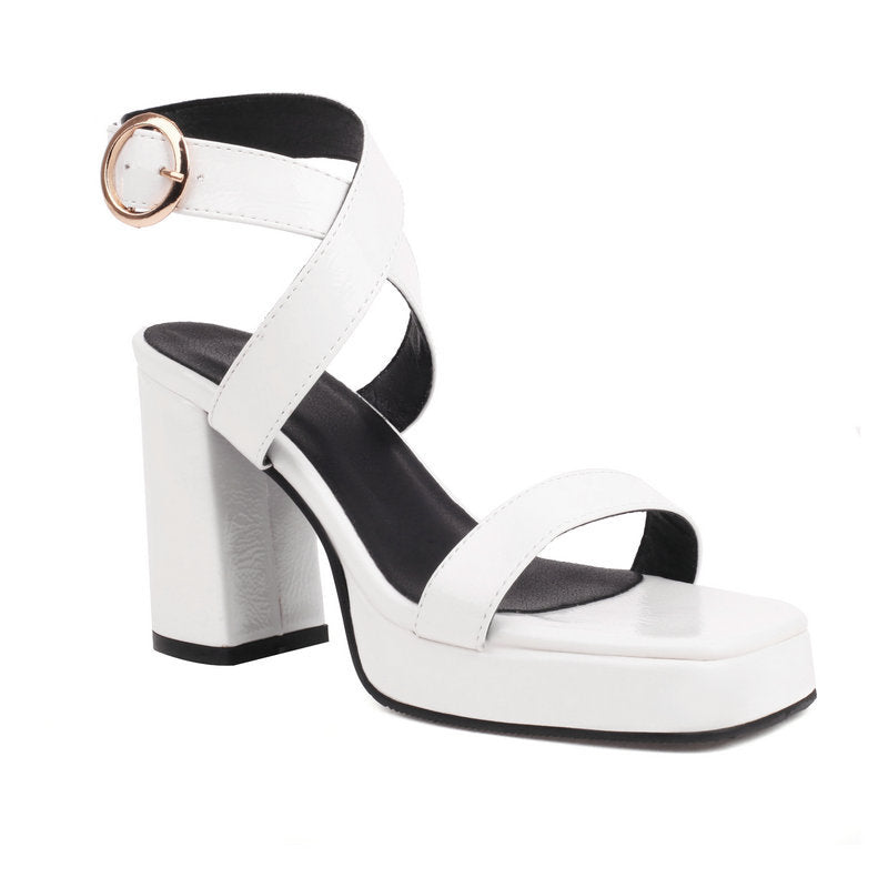 Square Toe Cross Buckle Strap Thick Bottom Chunky Heel Super High Heels White