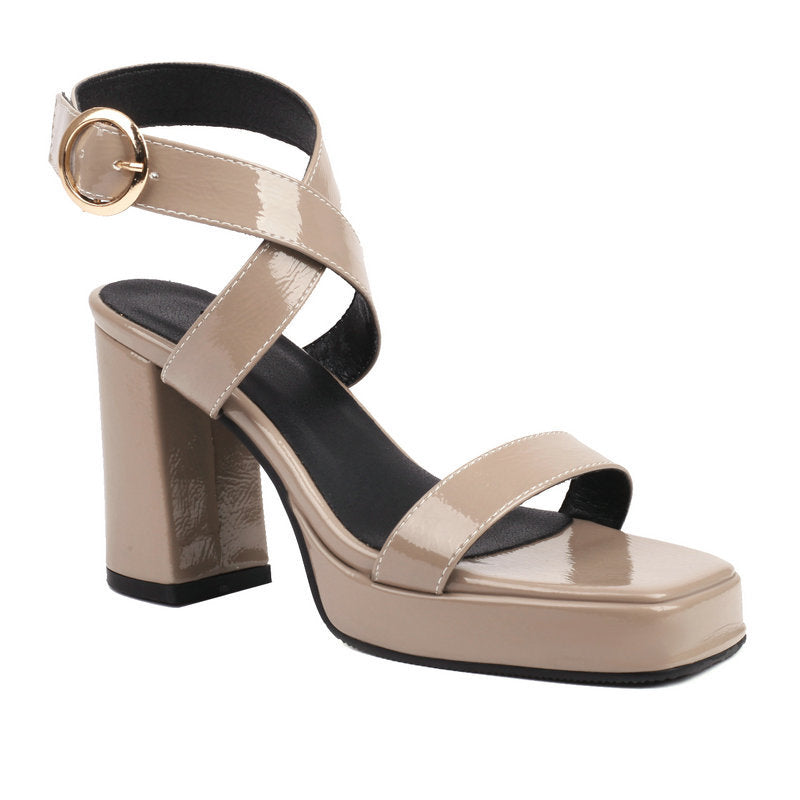 Square Toe Cross Buckle Strap Thick Bottom Chunky Heel Super High Heels Apricot