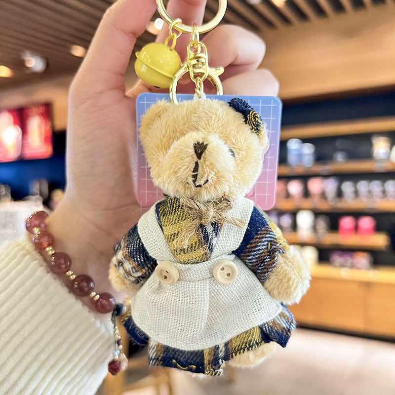 Cartoon Key Button Plush Sackcloth Bear Doll Schoolbag Pendant Brown Striped Bear For Women