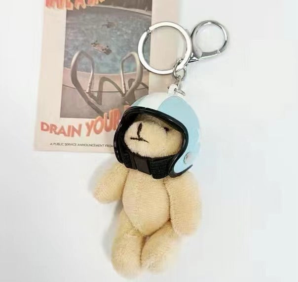 South Korea Ins Cute Motorcycle Helmet Bear Pendant Plush Key Chain Blue Helmet 8cm