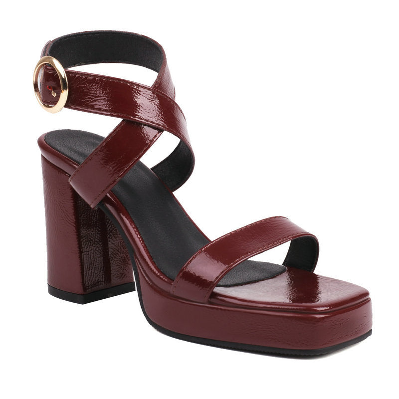 Square Toe Cross Buckle Strap Thick Bottom Chunky Heel Super High Heels Wine Red