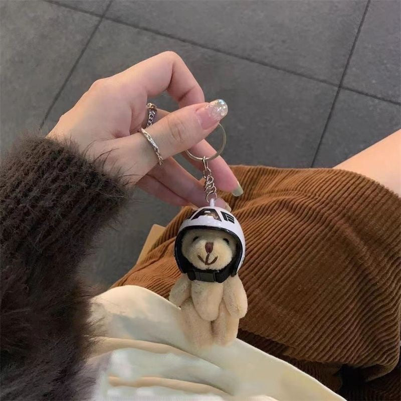 South Korea Ins Cute Motorcycle Helmet Bear Pendant Plush Key Chain White Locomotive 8cm