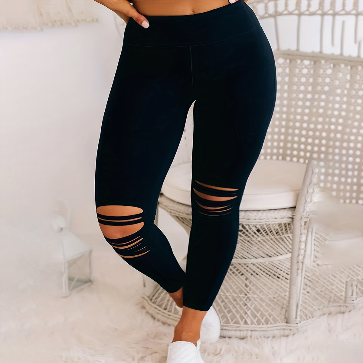 Plus Size Burnt Flower Solid Color Bottom Women's Pants Navy blue