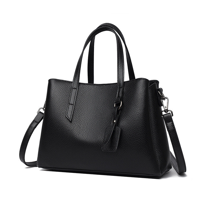 Cowhide Leather Women's Bag Large Capacity Shoulder Handbag Black