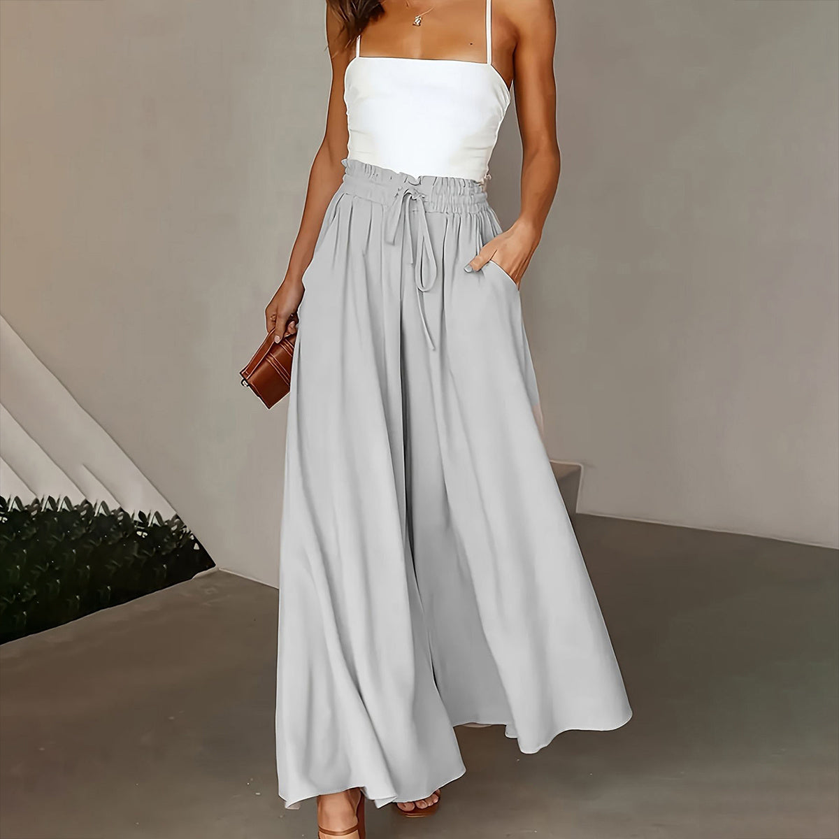 New Casual Elastic High Waist Solid Color Wide Leg Pants Light Grey