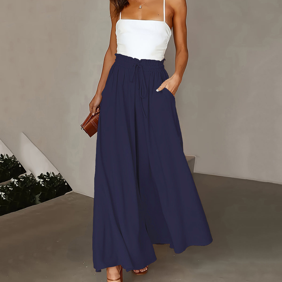 New Casual Elastic High Waist Solid Color Wide Leg Pants Navy Blue