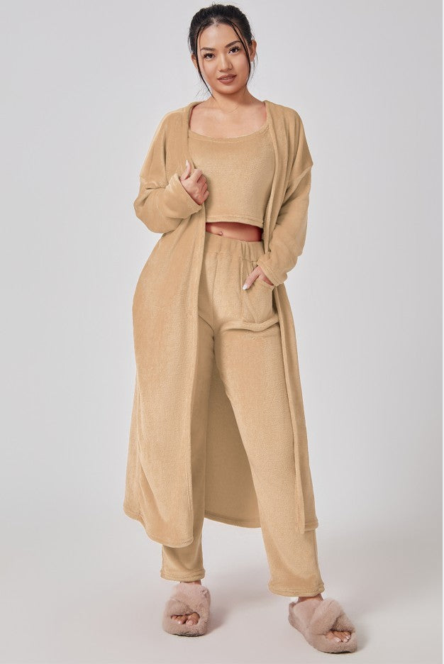 Cozy Pajama Set, 3 Piece Lounge Set, Cute Loungewear, Warm Suit Sets, Matching Set, Lounge Set, 3 Piece Pant Sets, Women Winter Dress Camel