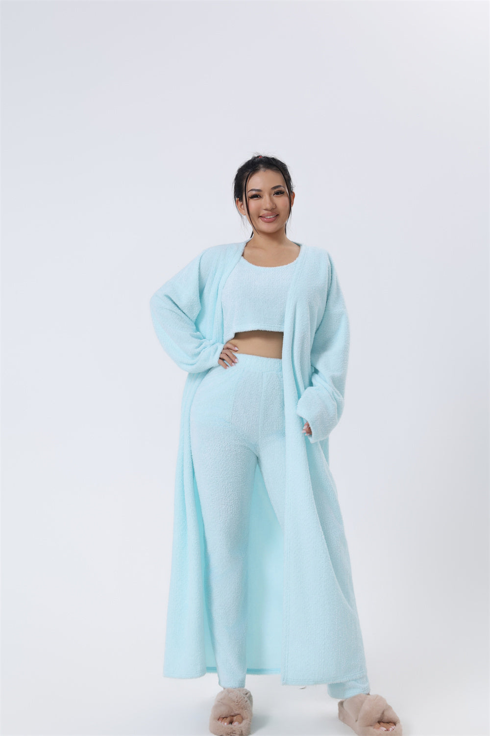 Cozy Pajama Set, 3 Piece Lounge Set, Cute Loungewear, Warm Suit Sets, Matching Set, Lounge Set, 3 Piece Pant Sets, Women Winter Dress Light blue